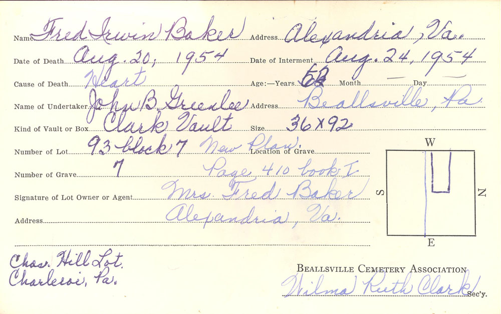 Fred Irwin Baker burial card
